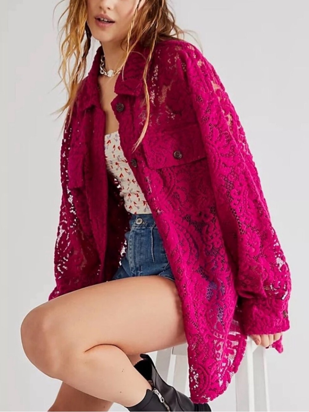 NW Free People “Ruby” lace jacket in raspberry sherbet size L - Picture 3 of 3